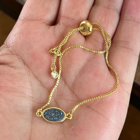 HANDMADE Natural Stone Druzy 18K GP Adjustable Bracelet - Picture 2 of 5